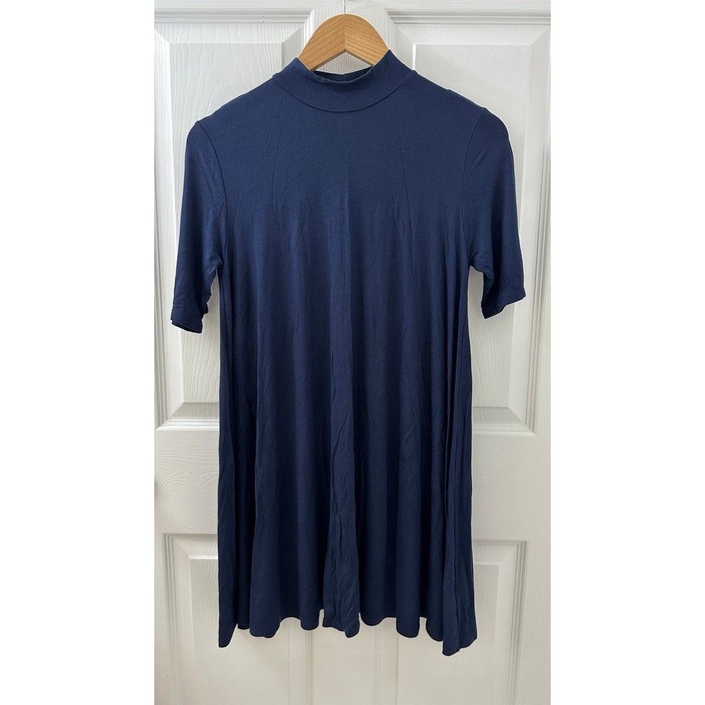 Women’s Navy Blue Tunic Mock Neck Dress Short Sleeve Jersey Knit